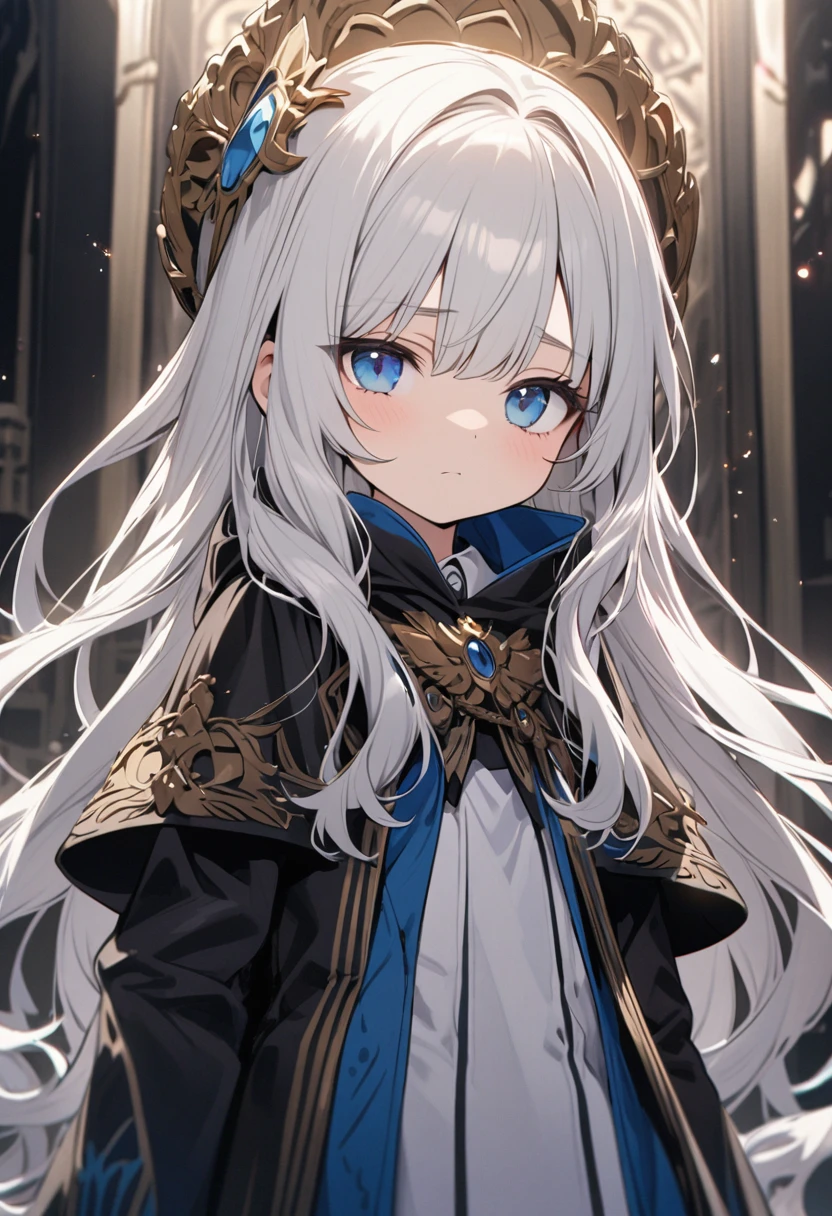 small girl, beautiful, white hair, blue eyes, long hair cute, half eyes, emperor out fit