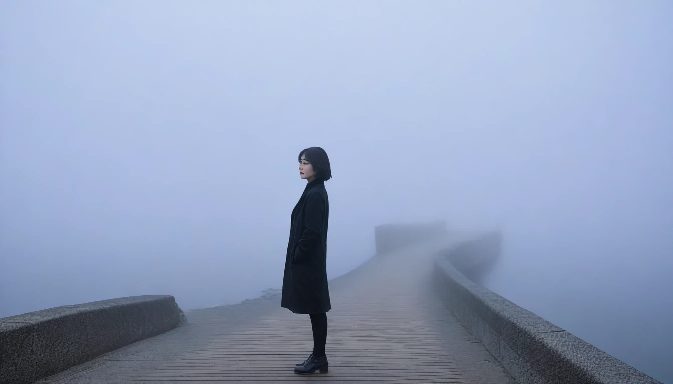 1 36-year-old Korean woman, Short hair, black coat, alone, rain, Fog, cold, boring, , pier, Only, 멀리 Faintly visible 등대, Coast, The dim light shines in the Fog,and the figure stands in the Fog holding ,drizzling, (명암대rain, cinematic lighting, shadow, film grain, anatomically correct, accurate, Awards, 8K) realistic photo, Full body shot with Canon camera 16-35 wide angle lens, natural appearance, Faintly visible 