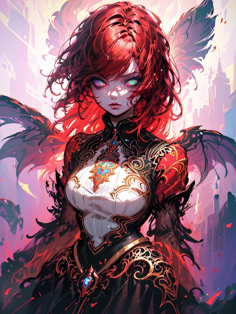 Red hair color,(masterpiece, best quality),(1 lady),(solo),(artstation),(dynamic),(charming),(magical),(unreal engine),(fantastically beautiful),(illustration),(dramatic lighting),(rave background),(neon glow),(maximalist),(extremely detailed eyes and face),(long eyelashes),(intricate details),(vibrant colors),(cinematic lighting),(fantasy portrait)