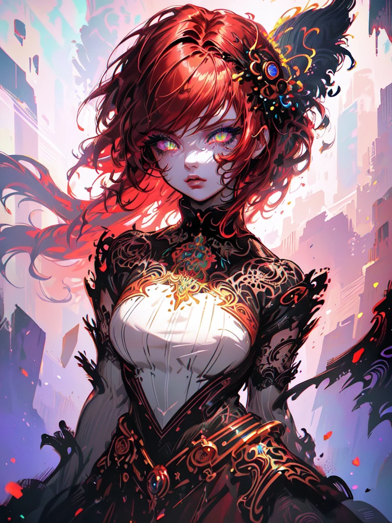Red hair color,(masterpiece, best quality),(1 lady),(solo),(artstation),(dynamic),(charming),(magical),(unreal engine),(fantastically beautiful),(illustration),(dramatic lighting),(rave background),(neon glow),(maximalist),(extremely detailed eyes and face),(long eyelashes),(intricate details),(vibrant colors),(cinematic lighting),(fantasy portrait)