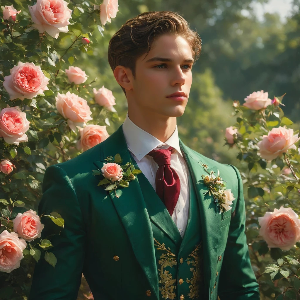 Create an image of a young man inspired by the characteristics of the rose 'The Prince.' He should be standing with a relaxed yet confident posture, one hand resting lightly on a hip while the other gently brushes against a rose bush. His clothing should feature deep, rich colors like dark purple and crimson, with a tailored, Victorian-inspired suit adorned with intricate embroidery and subtle thorn-like details on his accessories. His attire should echo the complex, multi-petaled structure of the rose, with layers and textures that add depth to his appearance.
The composition should center on the young man, with a slight off-center placement to draw the eye towards him while still incorporating the lush, green garden background. The lighting should be soft and diffused, with golden-hour sunlight filtering through the leaves, creating a warm, inviting atmosphere. Use a shallow depth of field to keep the focus on the subject while gently blurring the background, enhancing the dreamy, almost ethereal quality of the scene.
The environment should be a well-tended garden, with glossy green leaves and blooming roses that match the man's attire, creating a harmonious blend between the subject and his surroundings. The atmosphere should be serene and regal, with a hint of mystery and romance.
Photography techniques should include a low-angle shot to emphasize the young man's stature and elegance, and a slight tilt to add a dynamic element to the composition. Use a full-frame DSLR or mirrorless camera, such as a Canon EOS R5 or a Sony A7R IV, paired with a prime lens like an 85mm f/1.4 to achieve a beautiful bokeh effect and sharp subject focus.
For inspiration, consider the works of photographers like Tim Walker, known for his fantastical and richly detailed fashion photography, which often features elements of nature and a dreamlike quality.