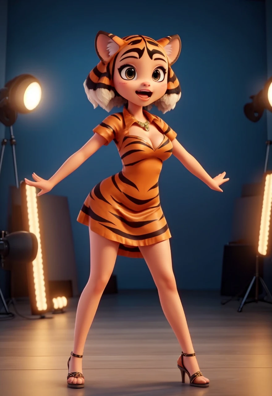 singing tigress in a photo shoot in a short sexy dress with seductive clothes