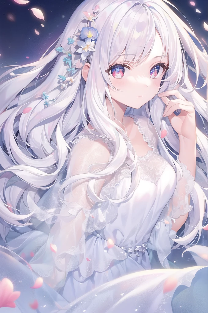 ((masterpiece, best quality))++, Detailed lighting+, Detailed hair+, Detail hand+ ,1 girl, Miss, Long hair, Crimson eyes, beautiful eyes, young white hair,,(Beautiful white hair:1.5),(Beautiful and delicate eyes), high resolution+,glass tint, Reflective eyes, {{angle}} , Very detailed wallpaper, The original, Air bangs,Extremely beautiful CG,black worksuit,Firefly,Galaxy,Shattered like a mirror