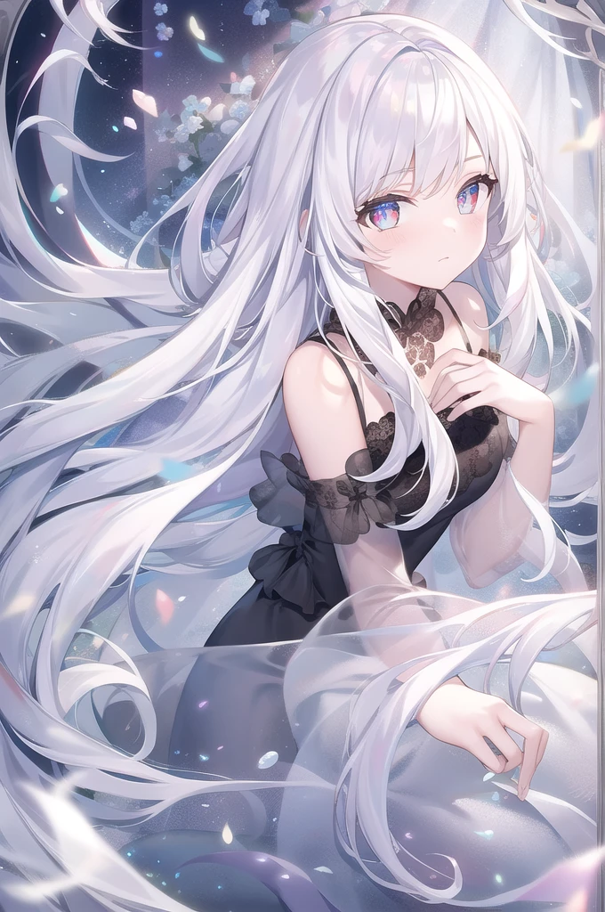 ((masterpiece, best quality))++, Detailed lighting+, Detailed hair+, Detail hand+ ,1 girl, Miss, Long hair, Crimson eyes, beautiful eyes, young white hair,,(Beautiful white hair:1.5),(Beautiful and delicate eyes), high resolution+,glass tint, Reflective eyes, {{angle}} , Very detailed wallpaper, The original, Air bangs,Extremely beautiful CG,black worksuit,Firefly,Galaxy,Shattered like a mirror