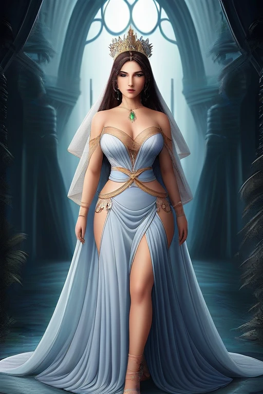 (((QUEEN YEMANJÁ )))on a BEACH with SHELLS STARS OF THE SEA a bright light, Sorceress, beautiful female sorceress, (( Yemanjá ultra-realista ))) With a beautiful crown of shells and pearls, volantes+ribbons+detailed in tone , It should look charming and beautiful, Keep the iconic elements of the original character. Yemanjá must have a sensual round face with large dimensions, clear eyes, long eyelashes and rosy cheeks. Your hair should be in great black tones . Elegant like a queen : Vista-se Chibi em um luxuoso e elegante vestido com detalhes standingrolas dourada . She wears a veil on the shore, The character's costume is a beautiful light blue lace dress. . standing, . Magic Accessories: Add charming accessories to the chibi, shell necklaces and earrings .Be sure to add shadows, textures and details in the hair, yemanjá accessories, to make you even more charming and charming. Give him a smiling expression and a smile on his face, Capturing the essence of the character in a subtle way, Delicate hands,( beach scenery, deep surrealistic landscape, yemanjá and its mermaids ) million conchas pérolas 18 K UHD
