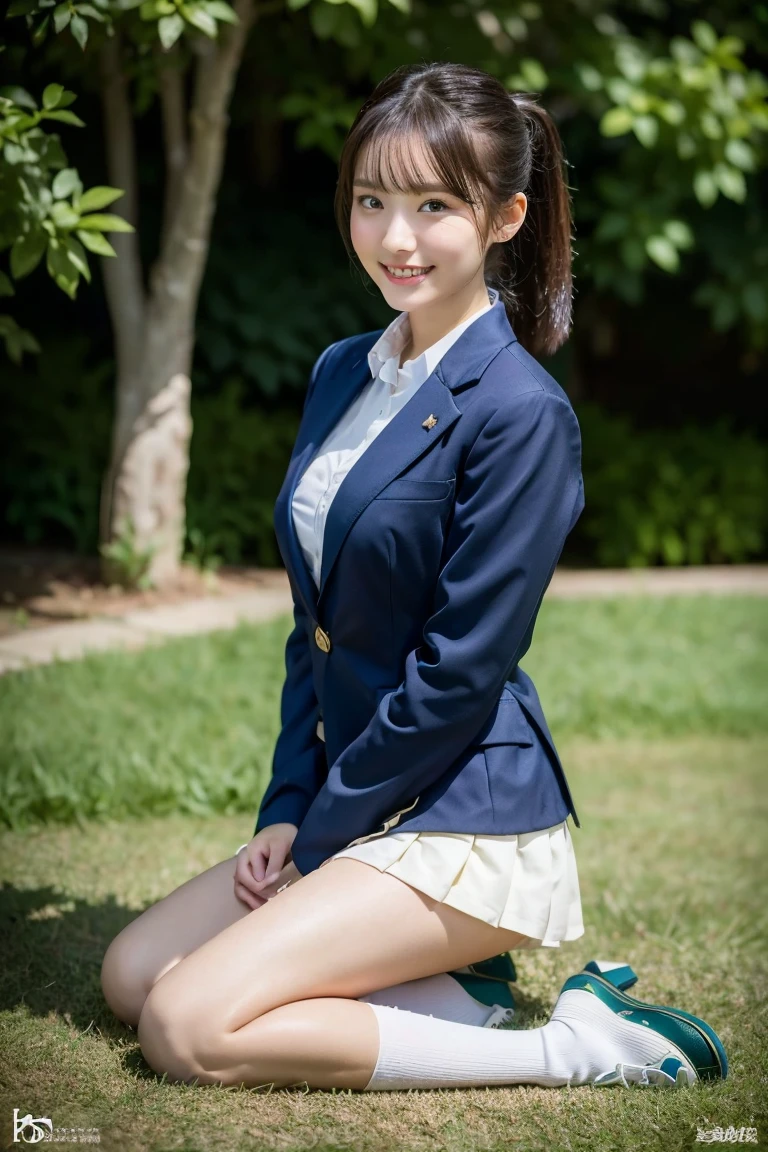 high detail、high quality、8K Photo、Anatomically perfect body、Japanese high school girls、One beautiful girl、smile、In uniform、(Brown blazer、Blue checked pleated skirt、Navy blue knee socks、Brown Loafers、ponytail、Double eyelids、White panties)、(Sitting on the grass、Raise your knees and sit with your buttocks on the ground1.5)、((Between the legs in detail、Thighs、between legs、the hem of the skirt rises、Front angle1.5、Face the photographer、Angle from the ground1.5))