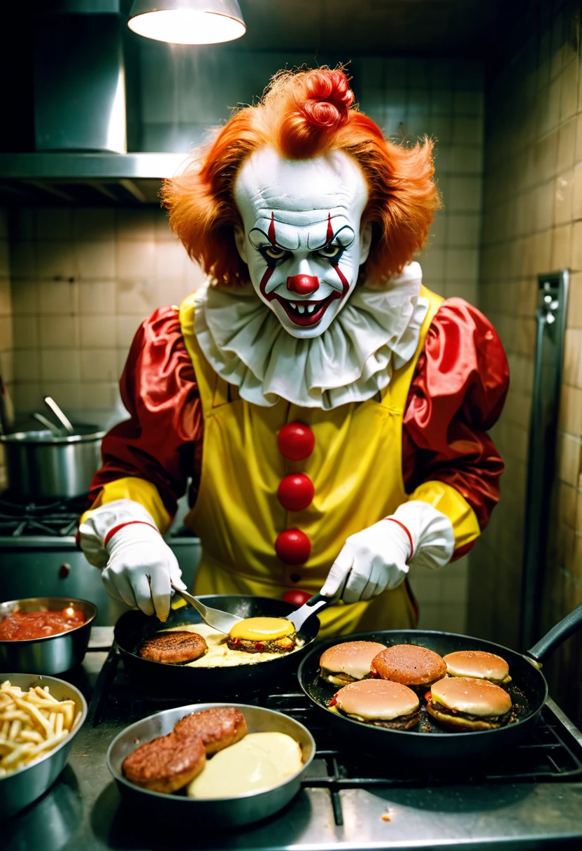 a scary clown looking like Ronald McDonald, frying burgers in a small kitchen, candid 35mm shot, motion blur, cinematic expired slide film, detailed facial features, hyper-realistic, dark moody lighting, gritty grungy atmosphere, vivid colors, detailed textures, intricate details, photorealistic, masterpiece