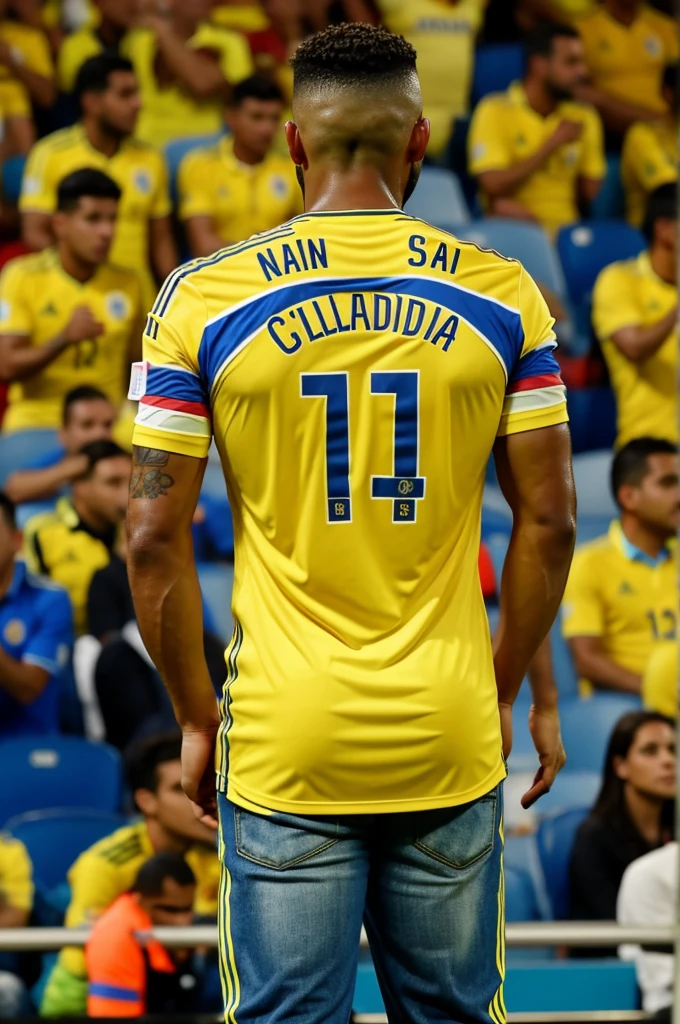 Man from behind watching the Colombia national team match with the yellow shirt with the name Gildardo 