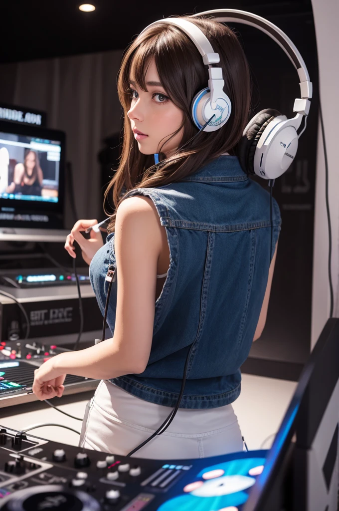 brunette DJ with headphones
