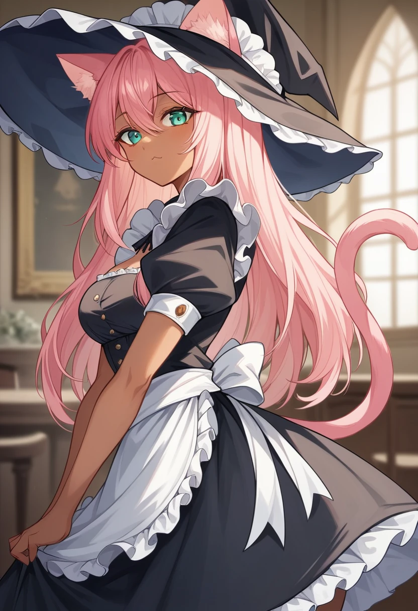 masterpiece,Top image quality,hight resolution,imagem 4k,Raw photo, {{{official art}}}, {{solo}}, {Adult}hair strand}, {{medium breasts}}, {Solo}, maid, frilled dress, noble, witch hat, from side, cat ears, cat tail, blurry background, indoors , cat ear, dark skin, black skin , pink cat ears,, Pink hair, teal eyes, long hair, looking at viewer