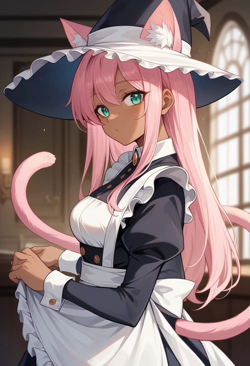 ​masterpiece,Top image quality,hight resolution,imagem 4k,Raw photo, {{{official art}}}, {{solo}}, {Adult}hair strand}, {{medium breasts}}, {Solo}, maid, frilled dress, noble, witch hat, from side, cat ears, cat tail, blurry background, indoors , cat ear, dark skin, black skin , pink cat ears,, Pink hair, teal eyes, long hair, looking at viewer