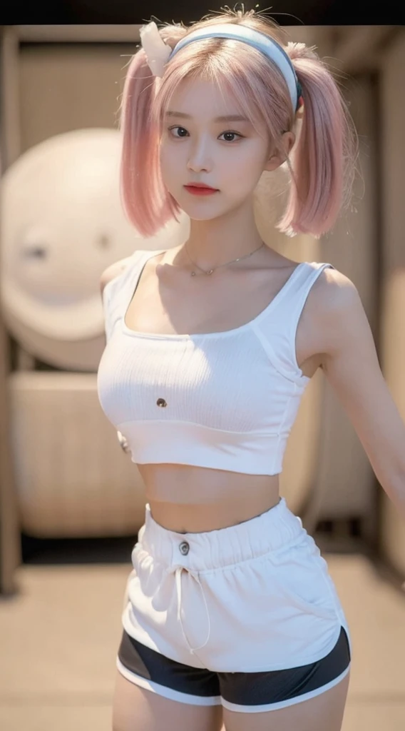 ((Best Quality, 8K, Masterpiece: 1.3)), (Flower Cap: 1.3), Focus: 1.2, Perfect Body Beauty: 1.4, Buttocks: 1.2, (Layered Haircut: 1.2)), (Dark Street: 1.3), Pink hair, ponytails, shiny_white_skin, (twin_ponytails), Highly Detailed Face and Skin Texture, Full Body, Delicate Eyes, Double Eyelids, Whitened Skin, Long Hair, (Round Face: 1.5), (Loose Crop Top, Shorts: 1.6)