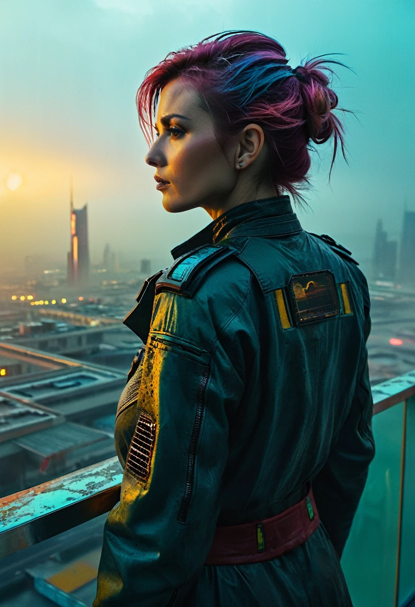 abstract colors, texture, Film Grain, Skin pores:0.Standing on a balcony overlooking a futuristic landscape、One complex and dramatic portrait of a beautiful, windswept sci-fi scientist (Solarpunk)1.2 Cities, Foggy Morning, Movie stills, Blade Runner 2049, Punk Hairstyles, Altered carbon, (Analog Style)1.3 (Film Grain)1.3, Stephane Martinière Vadim Kashin Simon Stahlenhag Michal Karczy Ismail Inceoglu