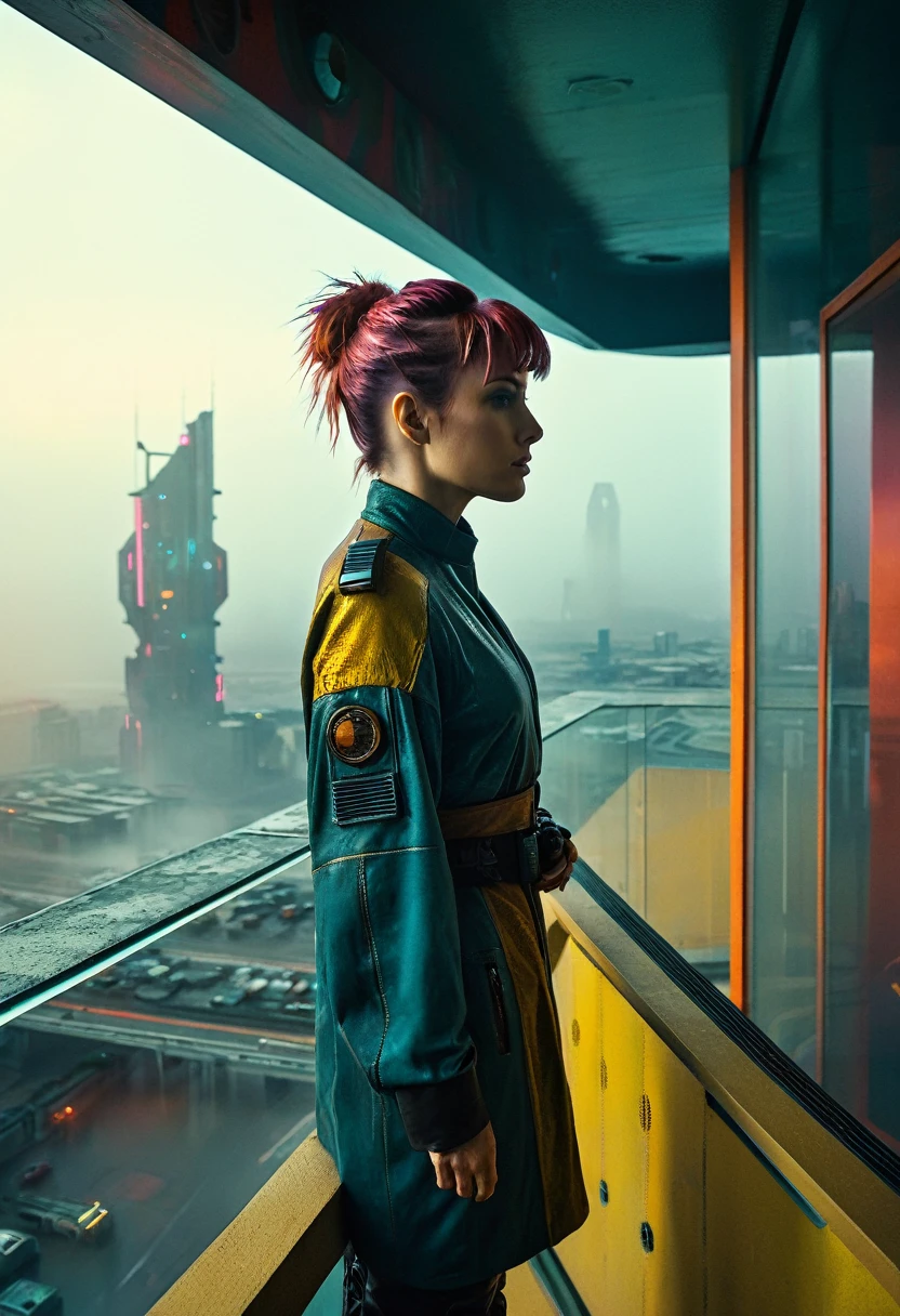 abstract colors, texture, Film Grain, Skin pores:0.Standing on a balcony overlooking a futuristic landscape、One complex and dramatic portrait of a beautiful, windswept sci-fi scientist (Solarpunk)1.2 Cities, Foggy Morning, Movie stills, Blade Runner 2049, Punk Hairstyles, Altered carbon, (Analog Style)1.3 (Film Grain)1.3, Stephane Martinière Vadim Kashin Simon Stahlenhag Michal Karczy Ismail Inceoglu