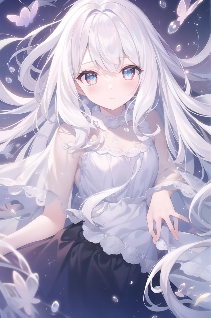 ((masterpiece, best quality))++, Detailed lighting+, Detailed hair+, Detail hand+ ,1 girl, Miss, Long hair, Crimson eyes, beautiful eyes, young white hair,,(Beautiful white hair:1.5),(Beautiful and delicate eyes), high resolution+,glass tint, Reflective eyes, {{angle}} , Very detailed wallpaper, The original, Air bangs,Extremely beautiful CG,black worksuit,Firefly,Galaxy,Shattered like a mirror