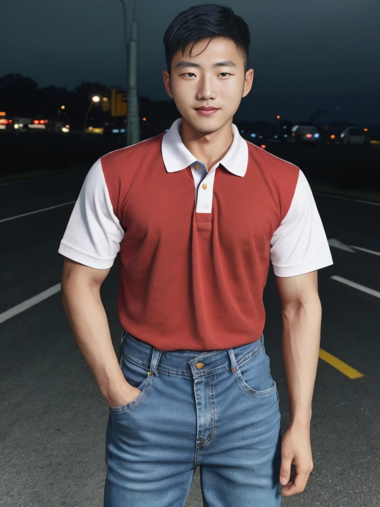 realistic light , Young Korean man in a navy blue polo shirt and jeans, A handsome, muscular young Asian man looks at the camera. In a simple t-shirt blue and red , Fieldside, road, traffic