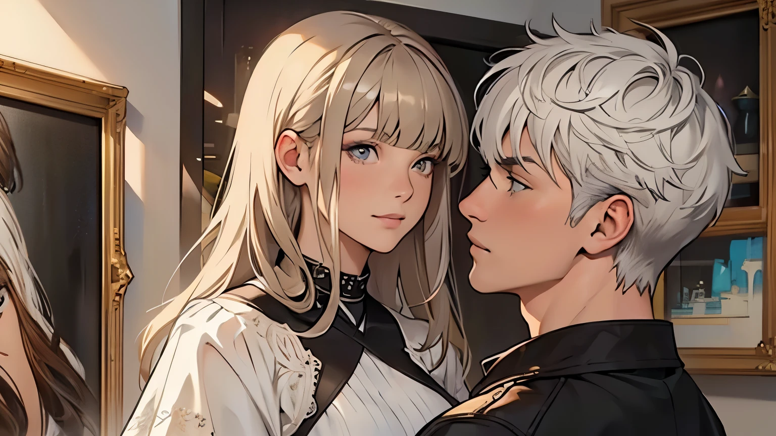 ((best quality)), ((Work of art)),((detailed)), couple looking at each other, man with short white hair, woman with long brown hair, with bangs