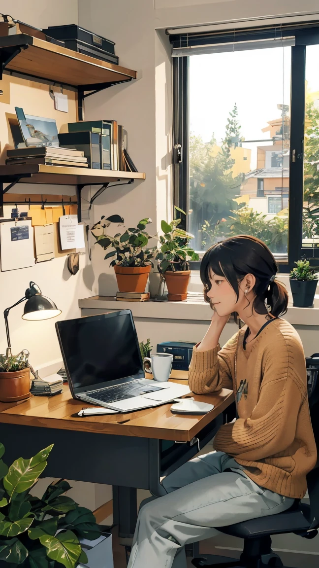 A person sitting at a desk, working on a laptop. The desk has a cup of coffee, some books, and a potted plant. The background is a cozy home office with warm lighting.