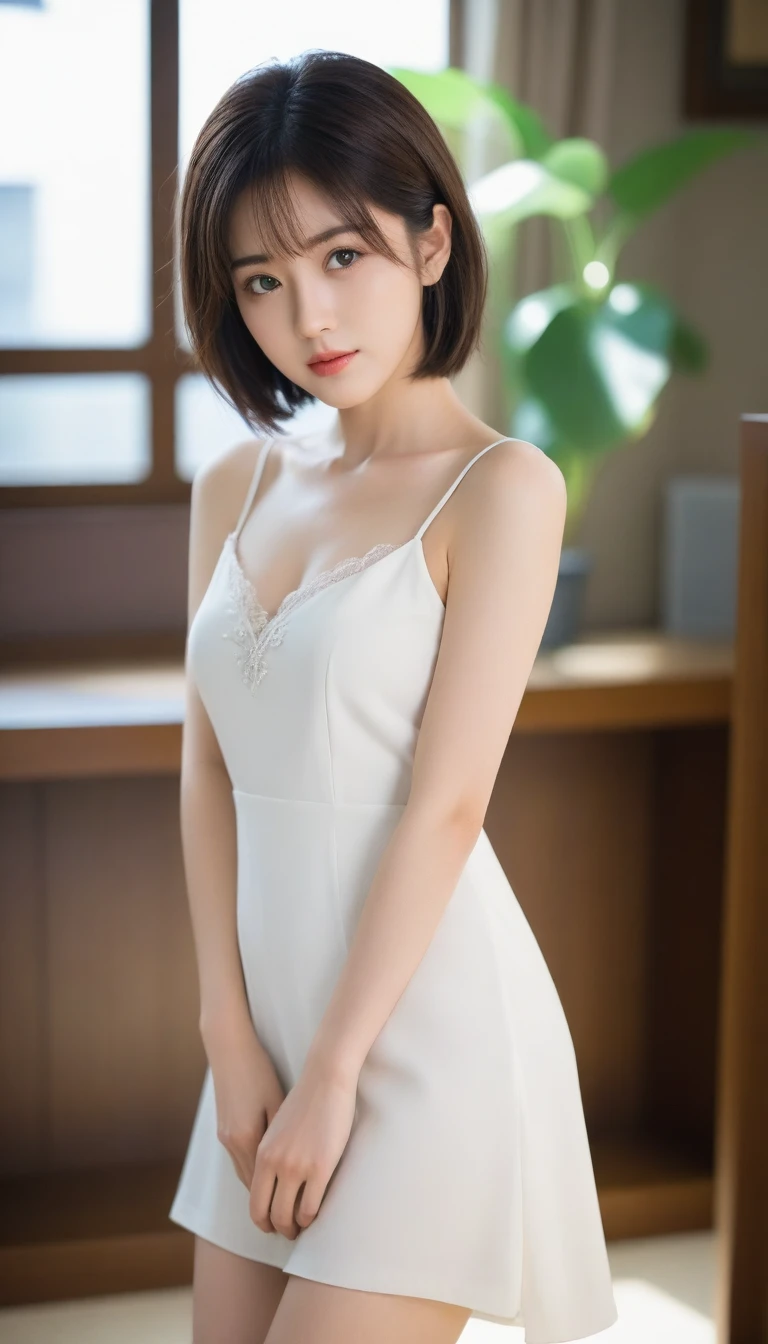 8K, Ultra-high resolution, Highest quality, masterpiece, 三分割法によるphotograph,Surreal, photograph, 1 Girl, (:1.3), pretty girl, Cute face, Beautiful eyes in every detail, 細かくdetailedに,masterpiece,One Girl:1.2, Japan Female Announcer, whole body,from behind,blush,closed eyes,shy,Black Hair,Bob with bangs,White shiny dress,Deep slit,pulling up the hem,Spanking,Captivating ass,Delicate and smooth skin, Realistic Skin, Perfect and beautiful face ,完璧でCute face, Skin with attention to detail, Perfect limbs、Narrow waist、Thin legs)、Browsing Caution,Beautiful leg line beauty,Looking at the audience、beauty,Long neck、(((Ideal body type))),A cup small breasts :2,、Portraiture:2、Perfect Anatomy、鮮明なdetailed、detailed、Surreal、Light and shadow,Strong light