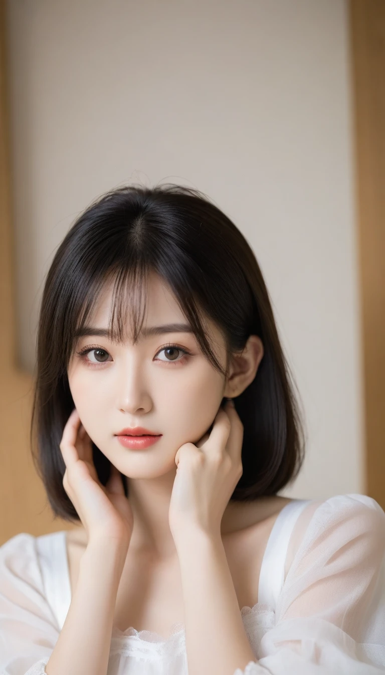 8K, Ultra-high resolution, Highest quality, masterpiece, 三分割法によるphotograph,Surreal, photograph, 1 Girl, (16 years old:1.3), pretty girl, Cute face, Beautiful eyes in every detail, 細かくdetailedに,masterpiece,One Girl:1.2, Japan Female Announcer, whole body,from behind,blush,closed eyes,shy,Black Hair,Bob with bangs,White shiny dress,Deep slit,pulling up the hem,Spanking,Captivating ass,Delicate and smooth skin, Realistic Skin, Perfect and beautiful face ,完璧でCute face, Skin with attention to detail, Perfect limbs、Narrow waist、Thin legs)、Browsing Caution,Beautiful leg line beauty,Looking at the audience、beauty,Long neck、(((Ideal body type))),A cup small breasts :2,、Portraiture:2、Perfect Anatomy、鮮明なdetailed、detailed、Surreal、Light and shadow,Strong light