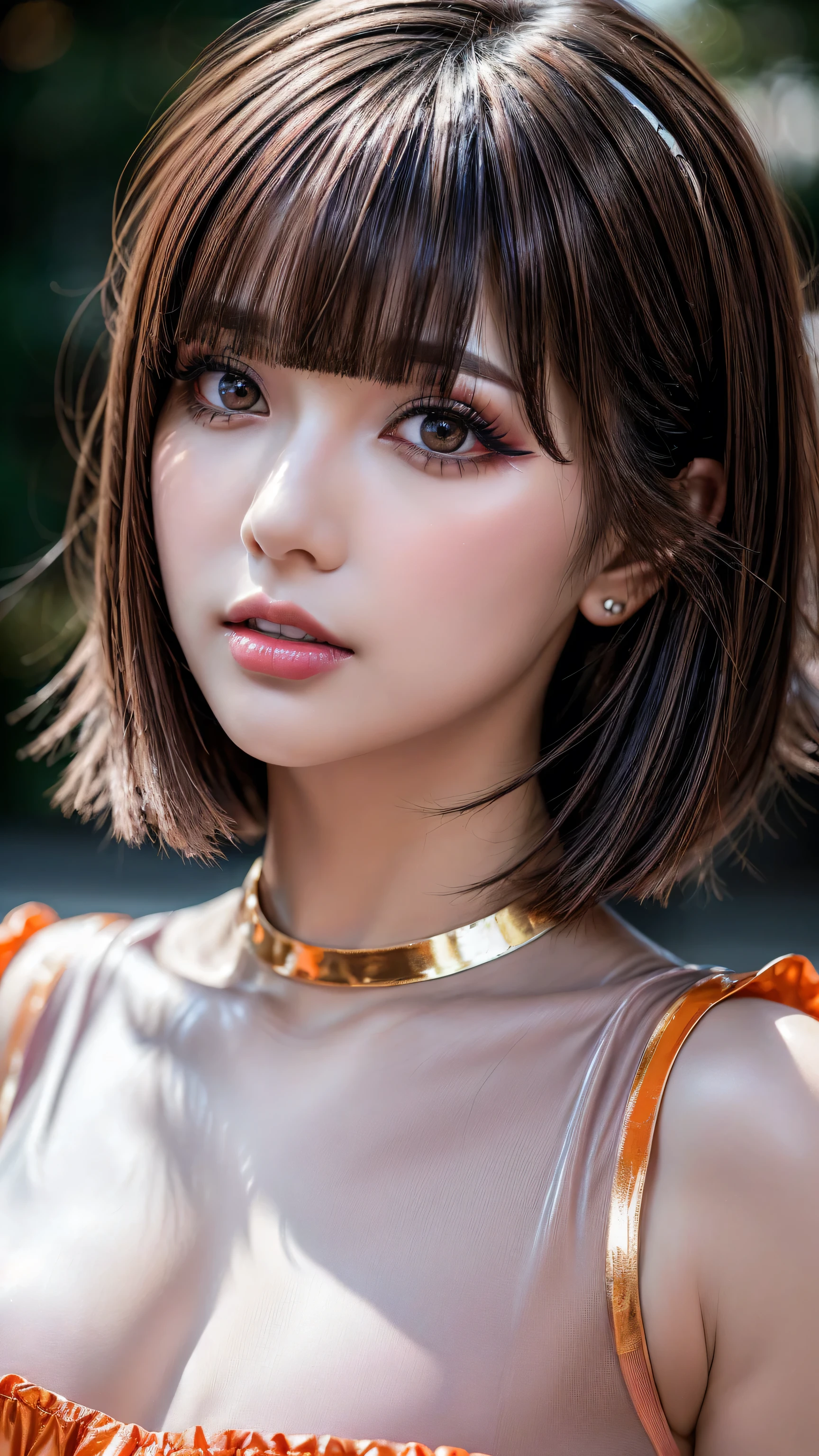 photorealism 16K realism, (Hyper-realistic proportional body, anatomically correct:1.3), ((ultra-fine digital art)), ((intricately detailed beautiful face)), (light pale complexion). BREAK, (small round head)),(high detailed realistic Super beautiful slim and sharp-face), (best highest detailed realistic black eyes:1.4), ((super realistic sharp-eyes)), (tired and sleepy and satisfied:0.0), (close up of a woman's eyes), perfect round eyes, finely detailed pupils,BREAK,detailed lips:1.3,pink_makeup:1.22, long_blue_eyeliner:1.28, red_lipstick:1.35,(perfect dark_eyeshadows:1.45), (super detailed professional makeup on eyes:1.3), (Detailed nose:1.2), (best high quality real texture skin:1.3),((ebony skin female:1.2)),(best quality texture hair:1.4),((light red short hair((bangs combed to the side)), extremely detailed:1.4)), beautiful cheekbones, dramatic lighting, ((perfect composition)), pale skin, ((dry skin)), (((sexy stylish Korean model))), only 1 female, ((sexy doll-like appearance)), ((long pink stylish hair:1.3)), ((sexy Lolita cosplay:1.3)), unconventional skirt, petticoats, (((high neckline))), (ultra details lace), (((detailed embroidery))), (Intricately detailed workmanship), ((transparent PVC in the shade of ORANGE)), ((Shiny ORANGE Transparent Holographic Full Bodysuit: 1.3)), cinematic light, detailed background of a large park with trees, dynamic pose, ((no decorations in the hair)), (dark shot:1.1), (firm normal full breasts),