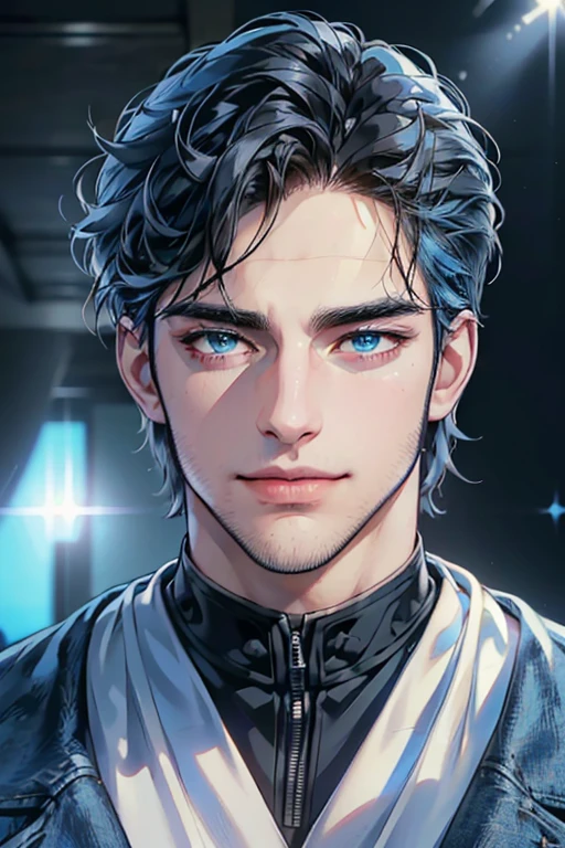 a handsome 35 year old man, 3 day beard, dark hair, sharp jawline, (mesmerizing blue eyes), perfectly styled hair, wearing cool anime outfitt, dynamic lighting, (CEO), (expression, smile in love), (best quality,4k,8k,highres,masterpiece:1.2),ultra-detailed,(realistic,photorealistic,photo-realistic:1.37)
