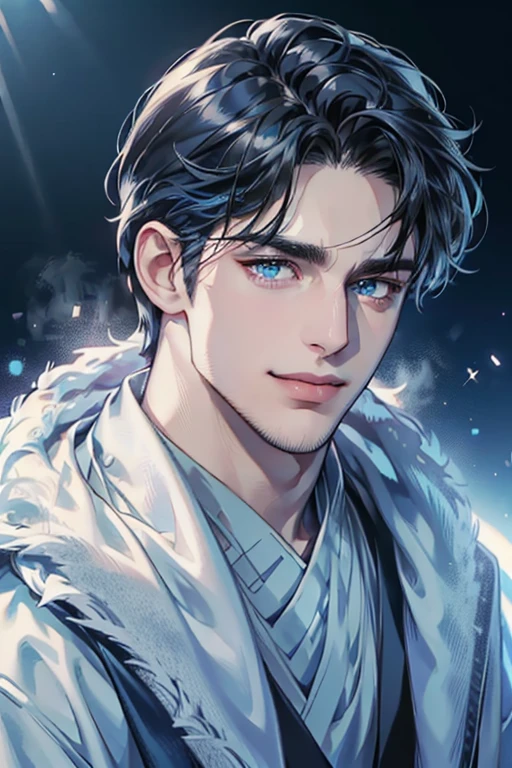 a handsome 35 year old man, 3 day beard, dark hair, sharp jawline, (mesmerizing blue eyes), perfectly styled hair, wearing cool anime outfitt, dynamic lighting, (CEO), (expression, smile in love), (best quality,4k,8k,highres,masterpiece:1.2),ultra-detailed,(realistic,photorealistic,photo-realistic:1.37)