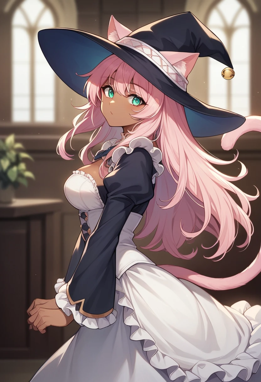 ​masterpiece,Top image quality,hight resolution,imagem 4k,Raw photo, {{{official art}}}, {{solo}}, {Adult}hair strand}, {{medium breasts}}, {Solo}, witches robes, frilled dress, noble, witch hat, from side, cat ears, cat tail, blurry background, indoors , cat ear, dark skin, black skin , pink cat ears,, Pink hair, teal eyes, long hair, looking at viewer