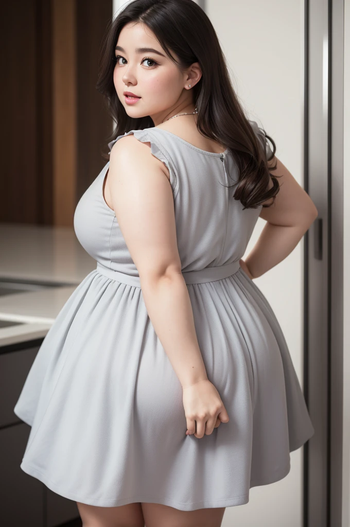 A realistic beautiful white human woman ,a little chubby with a gray dress