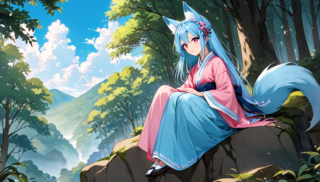(good job:1 woman, fox ears, fox tail, 하늘색 fox ears, 하늘색 fox tail,hair down to the middle of the back, light blue hair, He wears a white ribbon in his hair., pink eyes, Sky blue hanbok, sitting on a rock in the forest, low angle