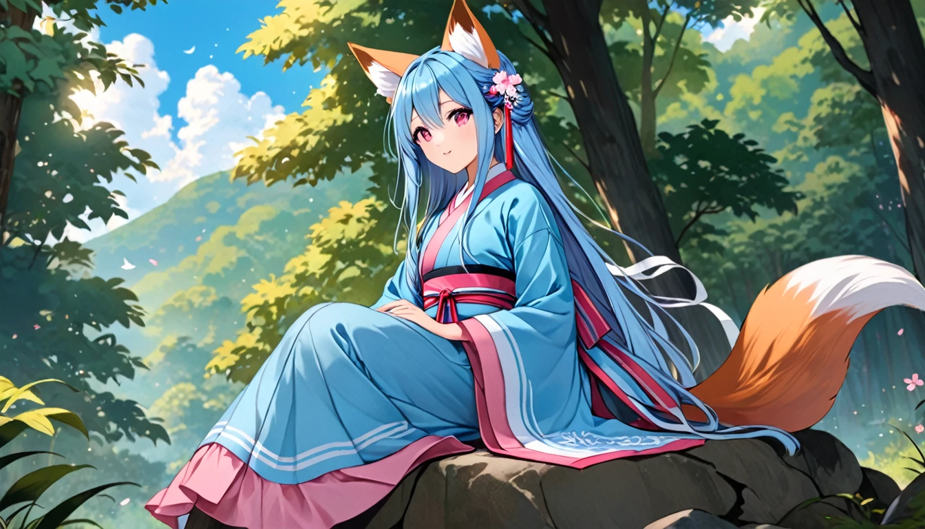 (good job:1 woman, fox ears, fox tail, 하늘색 fox ears, 하늘색 fox tail,hair down to the middle of the back, light blue hair, He wears a white ribbon in his hair., pink eyes, Sky blue hanbok, sitting on a rock in the forest, low angle