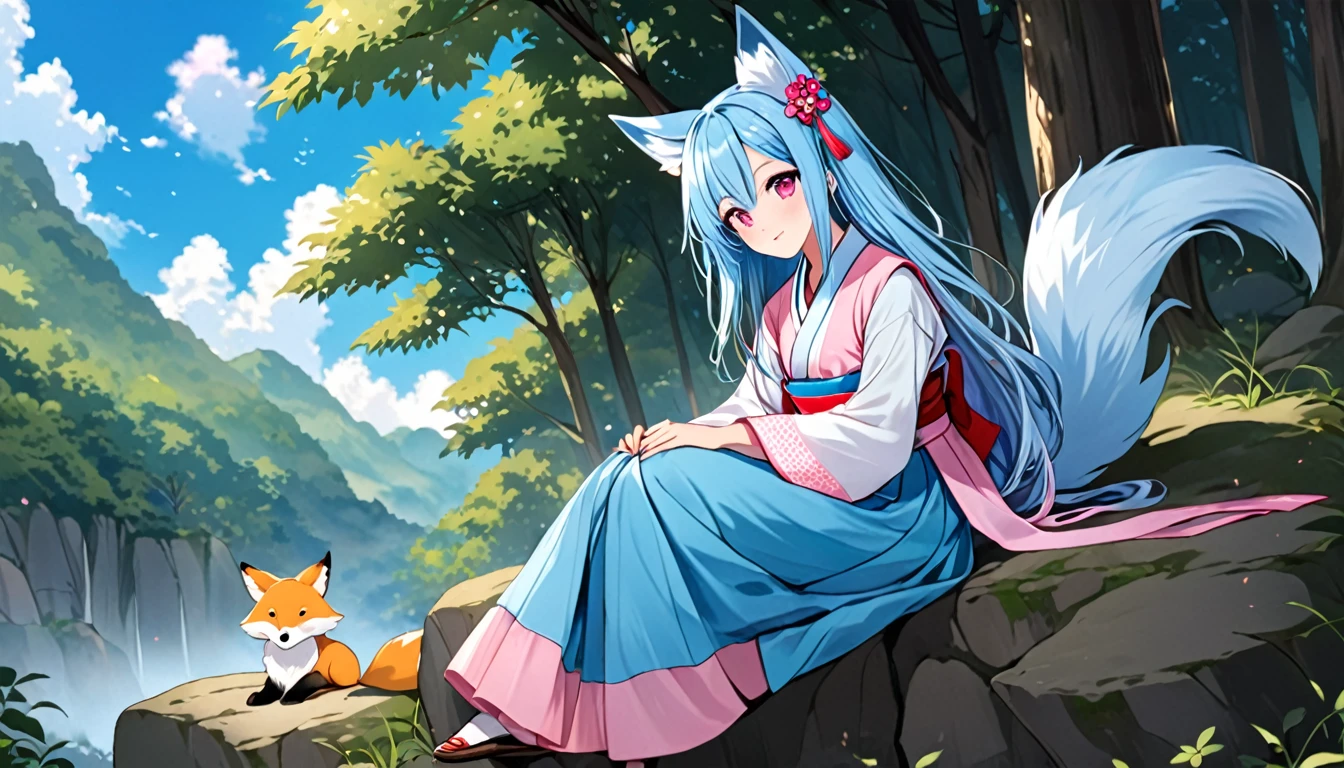 (good job:1 woman, fox ears, fox tail, 하늘색 fox ears, 하늘색 fox tail,hair down to the middle of the back, light blue hair, He wears a white ribbon in his hair., pink eyes, Sky blue hanbok, sitting on a rock in the forest, low angle