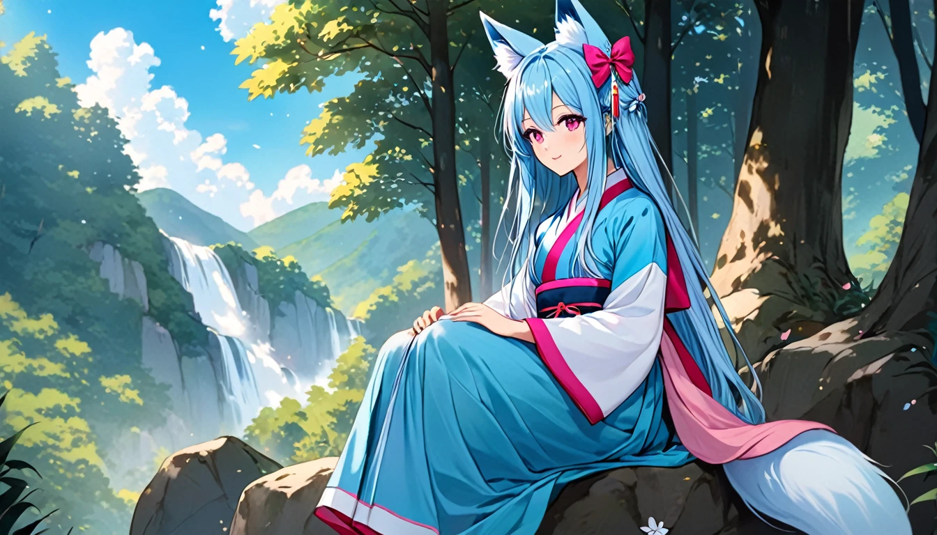 (good job:1 woman, fox ears, fox tail, 하늘색 fox ears, 하늘색 fox tail,hair down to the middle of the back, light blue hair, He wears a white ribbon in his hair., pink eyes, Sky blue hanbok, sitting on a rock in the forest, low angle