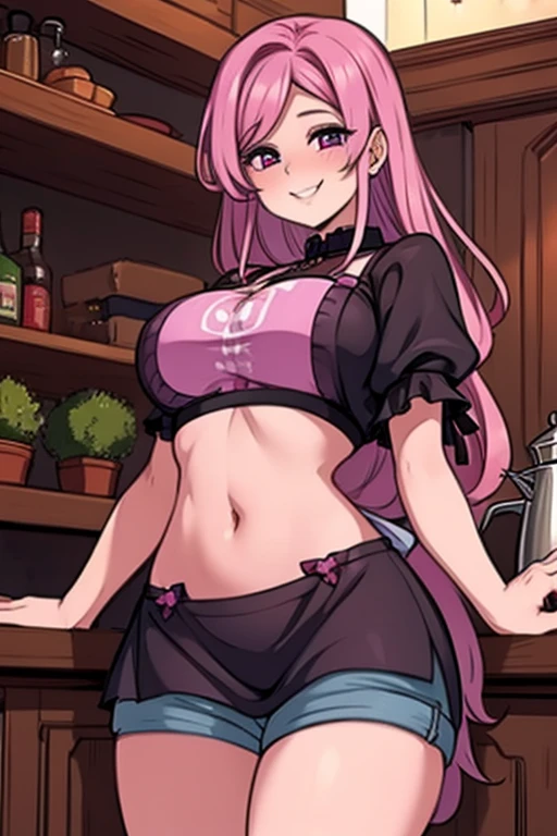Perfect face. Perfect hands. A pink haired woman with violet eyes with an hourglass figure in a Gothic apron and crop top and shorts is serving tea in a Gothic kitchen with a big smile