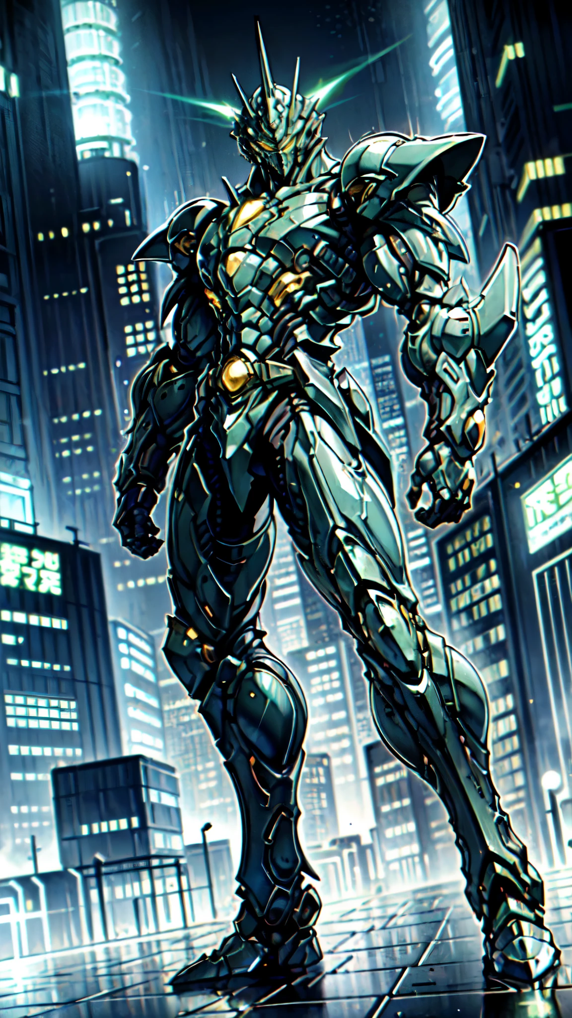 (masterpiece:1.5, best quality:1.5, extremely delicate:1.5, foreshortening:1.5, dynamic angle:1.5), a man wearing a full-face helmet, a fantasy-style biotech armored combat suit, green eyes, (a composite layered chest armor), fully enclosed shoulder guards, matching arm and leg guards, the belt is adorned with neon circuitry, (the color scheme is primarily black glow with green and red accents), the design balances heavy with agility, a high-tech bio-mecha armor, (Armor Concept Inspired by neon Cyberpunk, stand on the top of a skyscraper in a futuristic sci-fi city), this character embodies a finely crafted fantasy-surreal style armored hero in anime style, exquisite and mature manga art style, (element, plasma, energy, the armor glows), ((male:1.5)), metallic, high definition, highres, ultra-detailed, ultra-fine painting, professional, perfect body proportions, golden ratio, anatomically correct, symmetrical face, extremely detailed eyes and face, high quality eyes, creativity, RAW photo, UHD, 32k, Natural light, cinematic lighting, masterpiece-anatomy-perfect