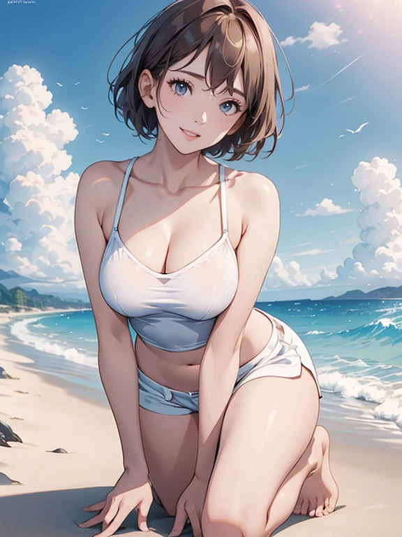 (Highest quality、masterpiece、High resolution、8K)、Vibrant colors、Young and beautiful woman 1、whole body、Brown and black short bob、barefoot、(Detailed face、Beautiful Eyes、Beautiful nose、Pretty lips)、Ample breasts、Beautiful cleavage、White T-shirt and shorts、Running on the beach、A refreshing smile、looking at the camera、Official Art、The background is the sea、blue sky、White waves and wide sandy beach、Wide forest、White Entrance Cloud、(Depth of written boundary:1.5)、Professional Lighting、