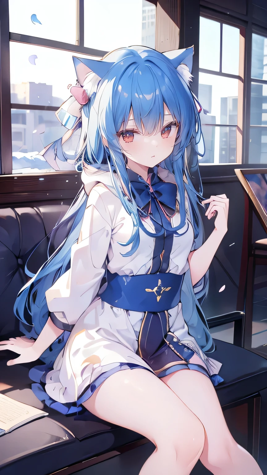 (masterpiece:1.2),Super detailed,lifelike,Expressive eyes,fair skin,perfect face shape,1 girl,
Japanese comics,Gorgeous blue hair,flowing blue hair,flowing clothes,Cat ears,Petals fall,beautiful lola,Baby Angel,
Shaking head with one hand,Cross your legs,Gentle and peaceful background,The pavilion is cool and comfortable,smile, wearing hoodie, In front of the window,snowing