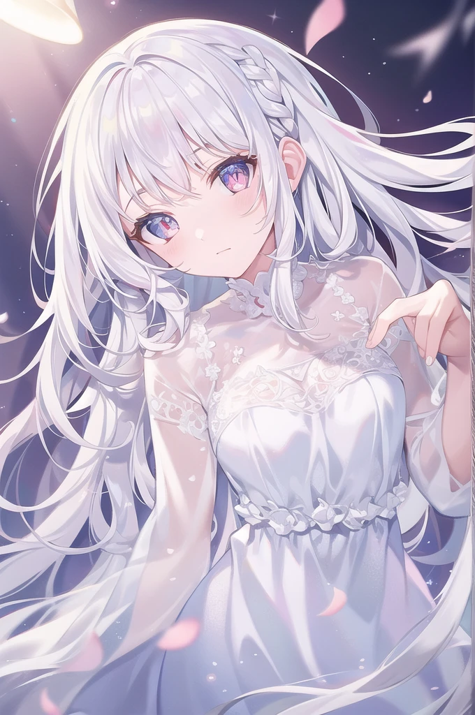 ((masterpiece, best quality))++, Detailed lighting+, Detailed hair+, Detail hand+ ,1 girl, Miss, Long hair, Crimson eyes, beautiful eyes, young white hair,,(Beautiful white hair:1.5),(Beautiful and delicate eyes), high resolution+,glass tint, Reflective eyes, {{angle}} , Very detailed wallpaper, The original, Air bangs,Extremely beautiful CG,black worksuit,Firefly,Galaxy,Shattered like a mirror