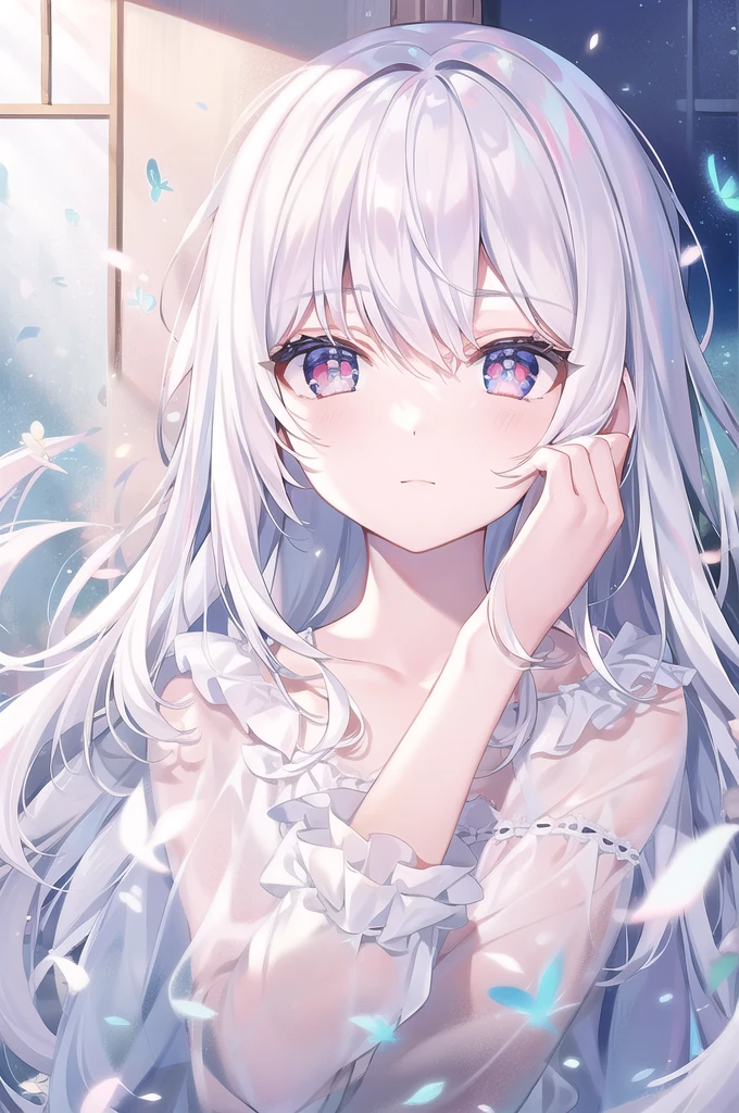 ((masterpiece, best quality))++, Detailed lighting+, Detailed hair+, Detail hand+ ,1 girl, Miss, Long hair, Crimson eyes, beautiful eyes, young white hair,,(Beautiful white hair:1.5),(Beautiful and delicate eyes), high resolution+,glass tint, Reflective eyes, {{angle}} , Very detailed wallpaper, The original, Air bangs,Extremely beautiful CG,black worksuit,Firefly,Galaxy,Shattered like a mirror