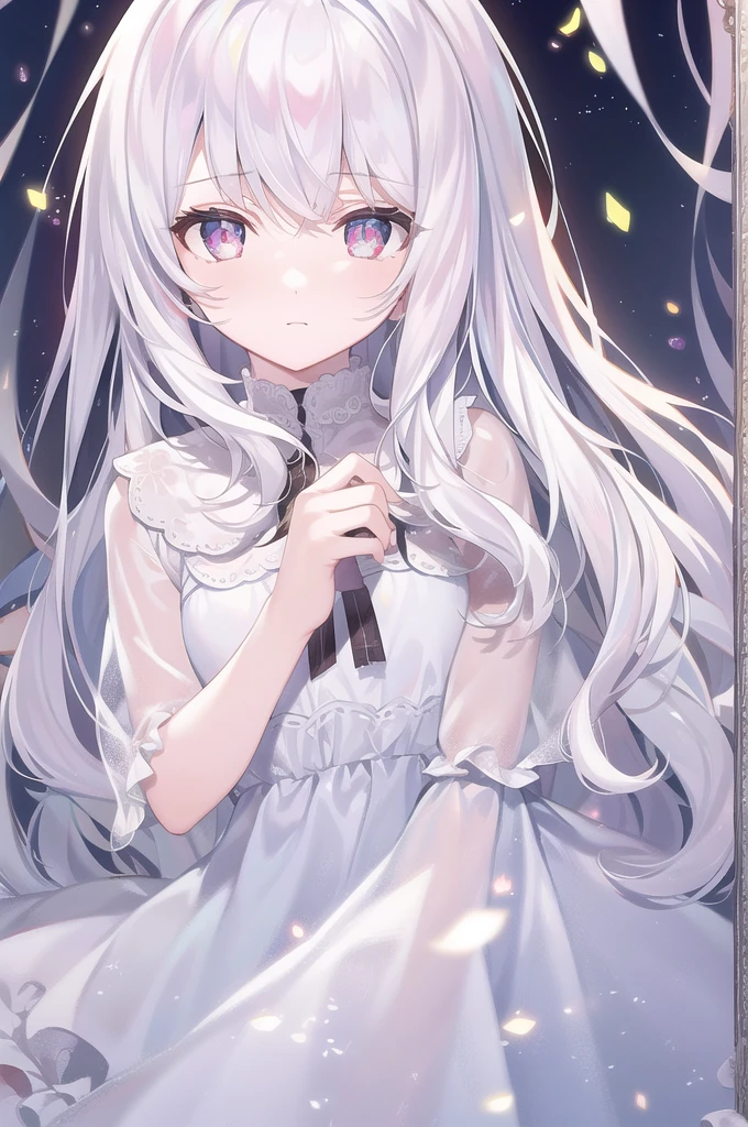 ((masterpiece, best quality))++, Detailed lighting+, Detailed hair+, Detail hand+ ,1 girl, Miss, Long hair, Crimson eyes, beautiful eyes, young white hair,,(Beautiful white hair:1.5),(Beautiful and delicate eyes), high resolution+,glass tint, Reflective eyes, {{angle}} , Very detailed wallpaper, The original, Air bangs,Extremely beautiful CG,black worksuit,Firefly,Galaxy,Shattered like a mirror