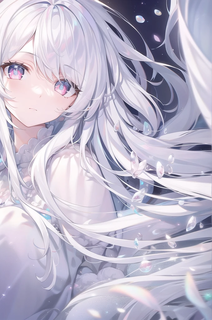 ((masterpiece, best quality))++, Detailed lighting+, Detailed hair+, Detail hand+ ,1 girl, Miss, Long hair, Crimson eyes, beautiful eyes, young white hair,,(Beautiful white hair:1.5),(Beautiful and delicate eyes), high resolution+,glass tint, Reflective eyes, {{angle}} , Very detailed wallpaper, The original, Air bangs,Extremely beautiful CG,black worksuit,Firefly,Galaxy,Shattered like a mirror