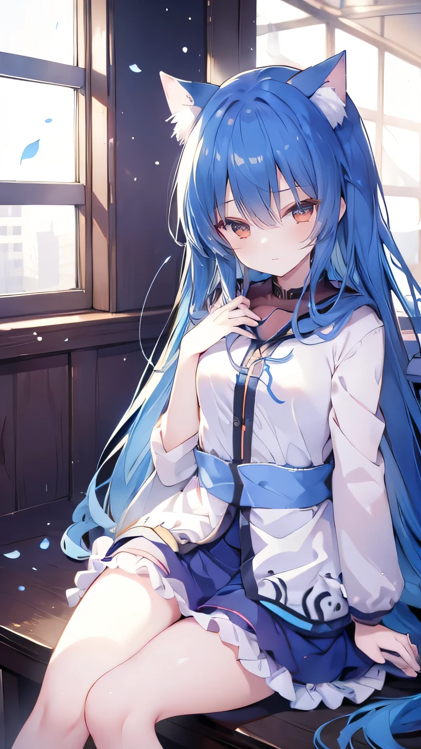 （masterpiece：1.2），Super detailed，lifelike，Expressive eyes，fair skin，perfect face shape，1 girl，
Japanese comics,Gorgeous blue hair,flowing blue hair,flowing clothes,Cat ears,Petals fall,beautiful lola,Baby Angel,
Shaking head with one hand，Cross your legs，Gentle and peaceful background，The pavilion is cool and comfortable,smile, wearing hoodie, In front of the window,snowing