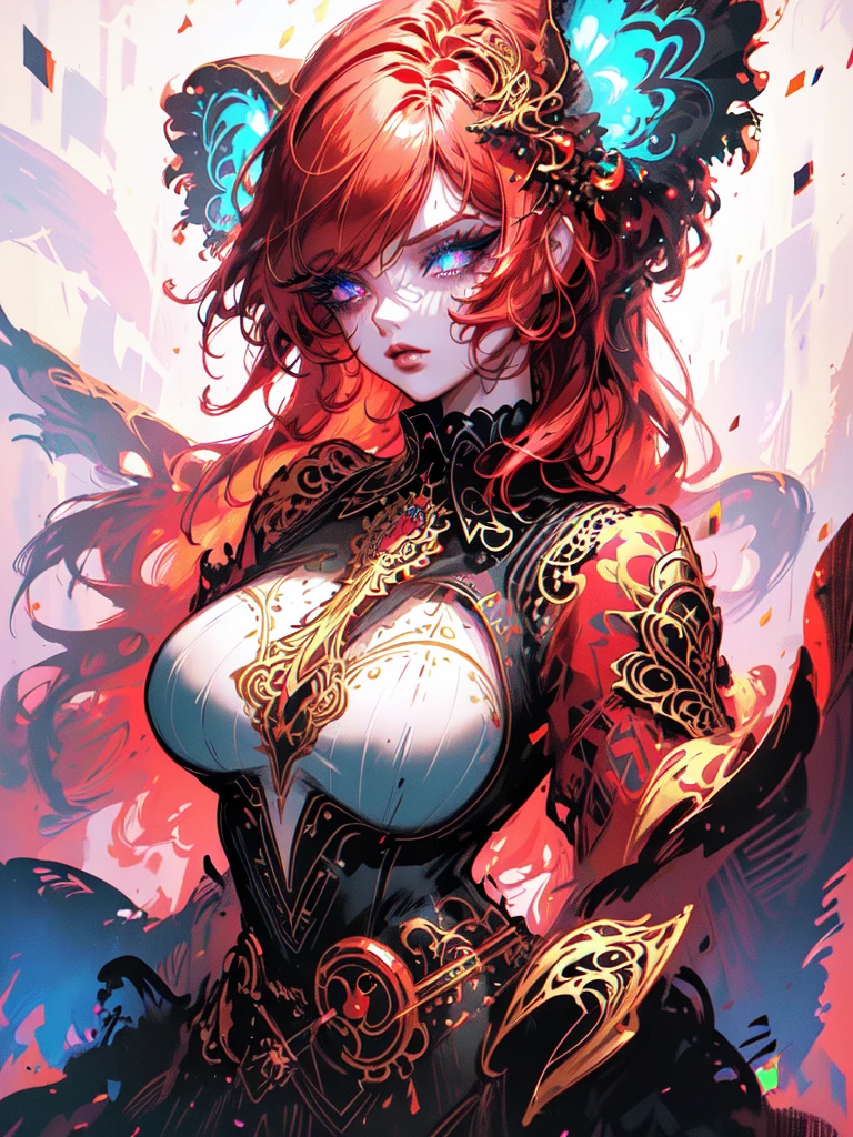 Red hair color,(masterpiece, best quality),(1 lady),(solo),(artstation),(dynamic),(charming),(magical),(unreal engine),(fantastically beautiful),(illustration),(dramatic lighting),(rave background),(neon glow),(maximalist),(extremely detailed eyes and face),(long eyelashes),(intricate details),(vibrant colors),(cinematic lighting),(fantasy portrait)