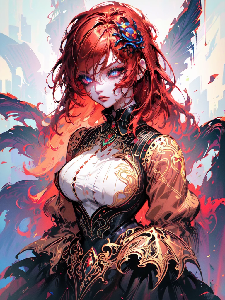 Red hair color,(masterpiece, best quality),(1 lady),(solo),(artstation),(dynamic),(charming),(magical),(unreal engine),(fantastically beautiful),(illustration),(dramatic lighting),(rave background),(neon glow),(maximalist),(extremely detailed eyes and face),(long eyelashes),(intricate details),(vibrant colors),(cinematic lighting),(fantasy portrait)