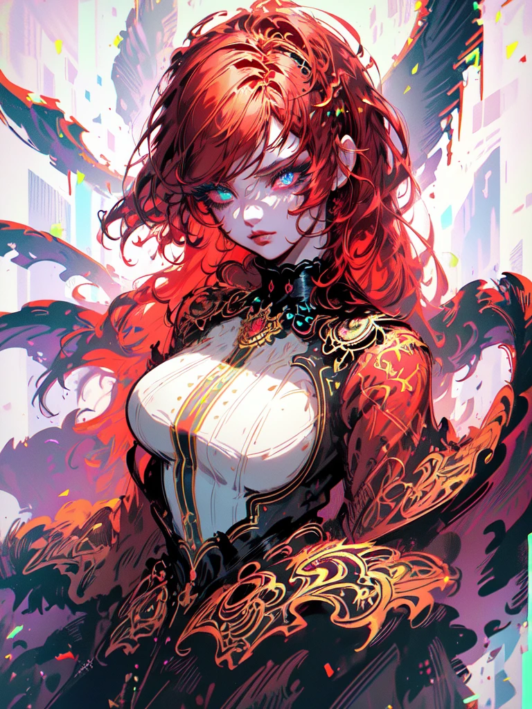 Red hair color,(masterpiece, best quality),(1 lady),(solo),(artstation),(dynamic),(charming),(magical),(unreal engine),(fantastically beautiful),(illustration),(dramatic lighting),(rave background),(neon glow),(maximalist),(extremely detailed eyes and face),(long eyelashes),(intricate details),(vibrant colors),(cinematic lighting),(fantasy portrait)