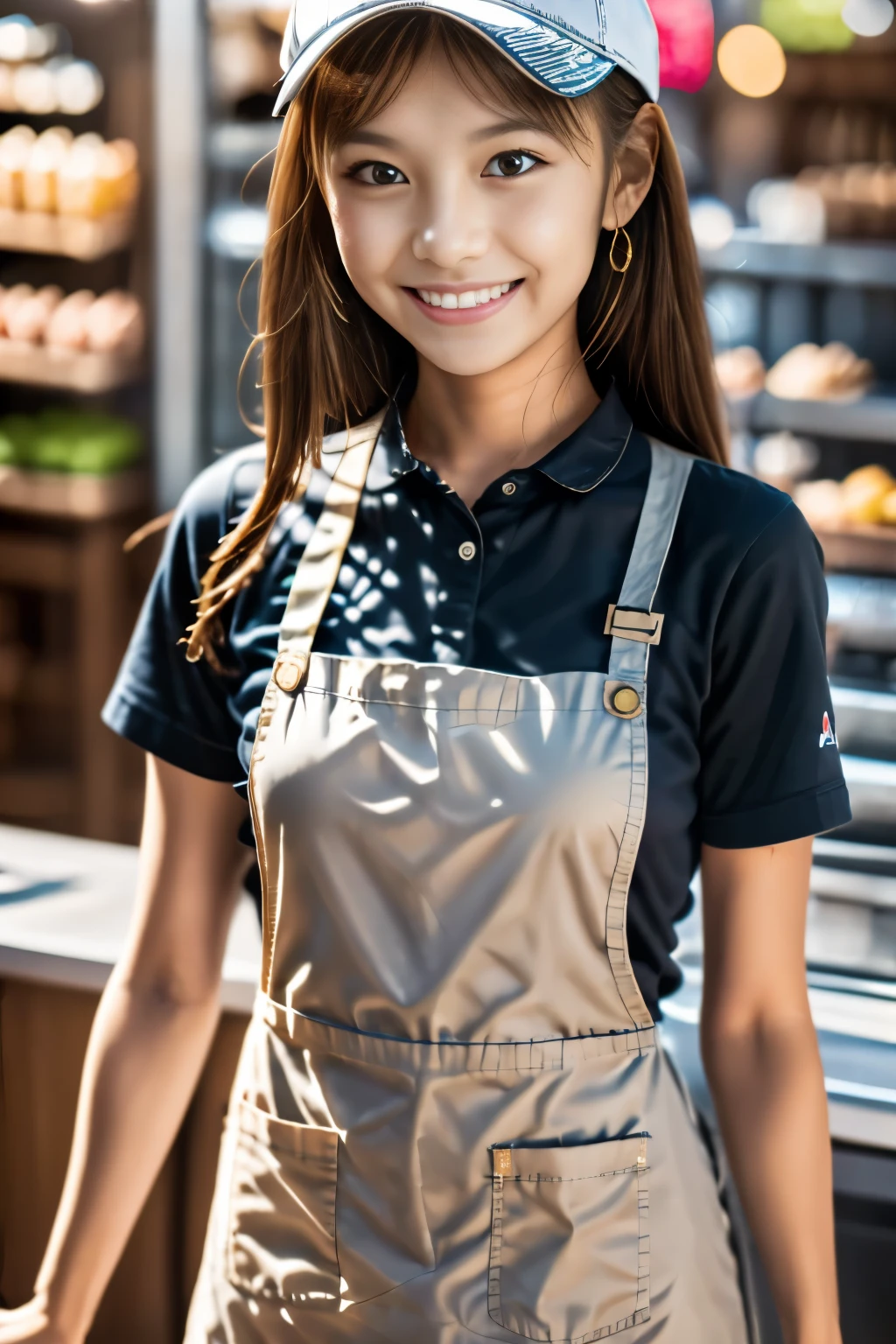 Masterpiece, 8K, Photorealistic, Best Quality, 1girl, Beautiful face, Details, (Realistic skin), Japanese young Fast Food Worker, medium hair, bangs, (Brown hair), 


wearing a Fast Food Worker uniform, ((white apron)), cap, hat) earrings, (wide angle), Smiling Worker at a fast food counter
