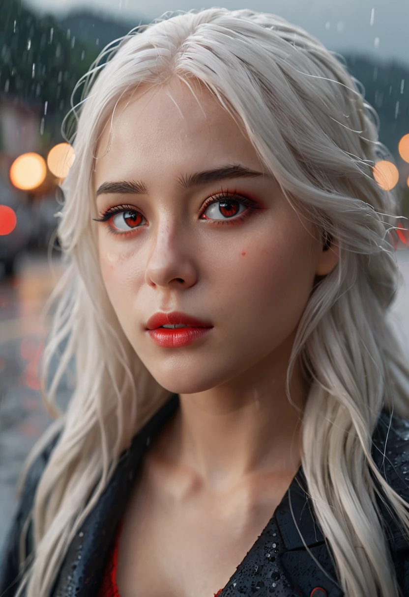 masterpiece, Highest quality, Very detailed, cinematic lightening, Exquisite detail, High resolution, Official Art, Beautifully detailed face and eyes, High resolutionのイラスト, 8K, Depth of written boundary, Bokeh, alone, One girl, A girl with white hair and red eyes, Long white hair, Beautiful red eyes, Beautiful Landscape, Rainy Town, Upper Body, View your viewers, close