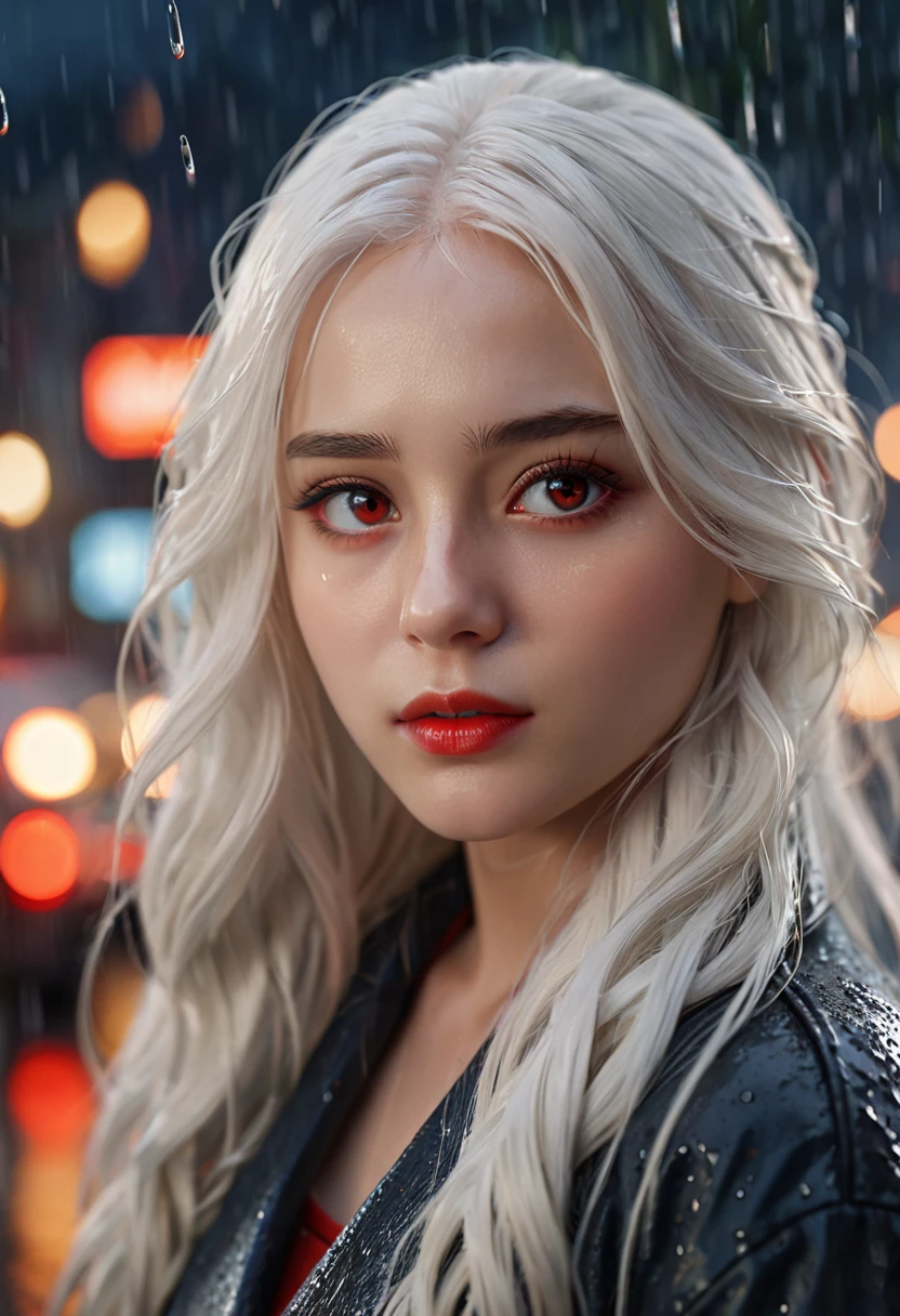 masterpiece, Highest quality, Very detailed, cinematic lightening, Exquisite detail, High resolution, Official Art, Beautifully detailed face and eyes, High resolutionのイラスト, 8K, Depth of written boundary, Bokeh, alone, One girl, A girl with white hair and red eyes, Long white hair, Beautiful red eyes, Beautiful Landscape, Rainy Town, Upper Body, View your viewers, close