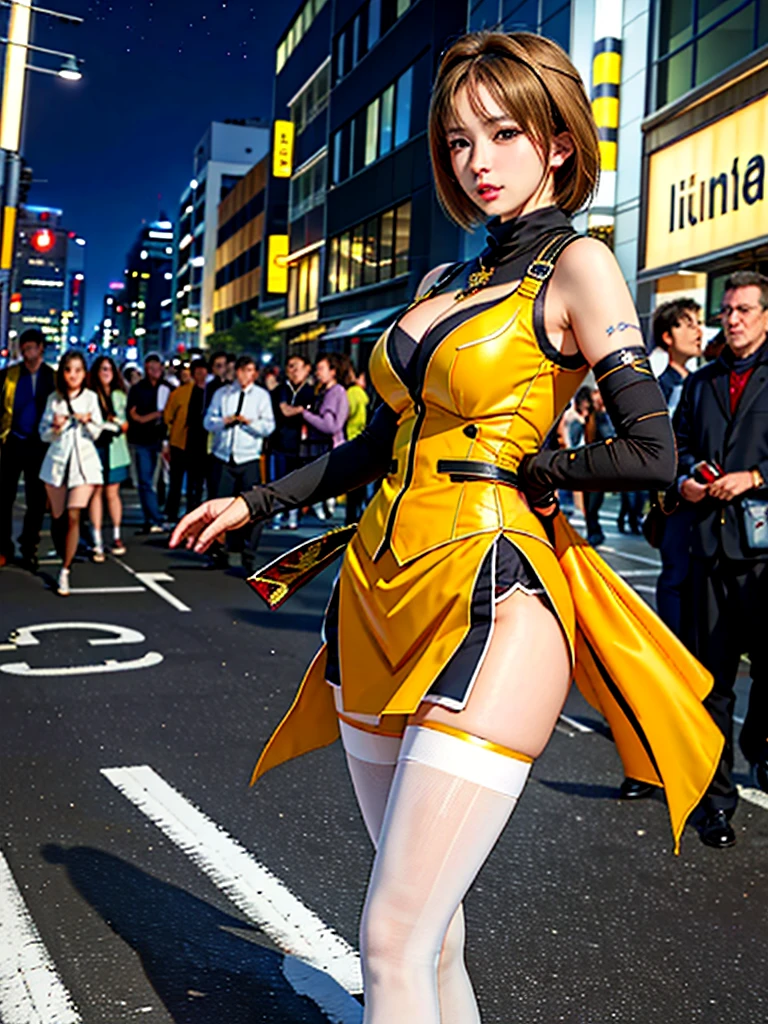 high quality, masterpiece, Very detailed, 8k, A beautiful 16 year old Japanese girl:1.5, Small face, Black Hair, short hair, blunt bangs, Breast Augmentation Surgery, (A gorgeous lace yellow magical girl heroine swimsuit:1.5), (A woman bound by tentacle rope:1.4), remote_play, remote_Vibrate、 (climax:1.3), Close ~ eyes、 height:152cm、 Ecstatic expression、 Walking through the Shinjuku intersection