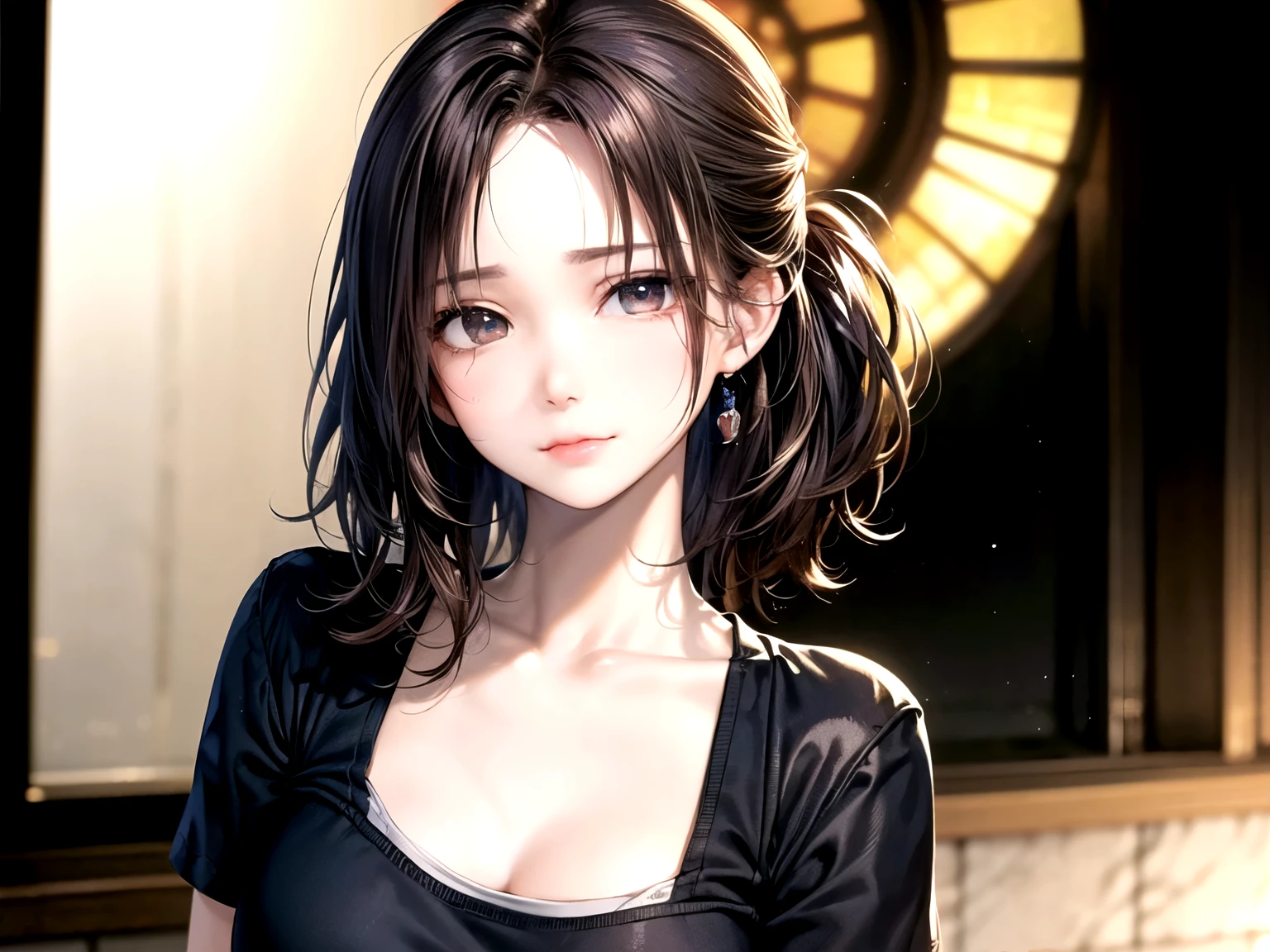 ((Best of the highest quality, 8k, Masterpiece, raw photo: 1.1)), (Sharp focus: 1.1), (1 AESPA, slim body type female, 22 y/o: 1.1), solo, Portrait Waist Up, (realistic, photo-realistic:1.37), face focus, finely small eyes, (forehead, short messy hair, updo: 1.32), (sharp chin, droopy eyes: 1.32), (sad eyes: 1.1), (Emphasize prominent aegyo-sal with bright: 1.28), shimmering eyeshadow applied under the lower lash line, paired with thick, (small breasts, flat chest: 1.2), T-shirt, walking on stage, flower,